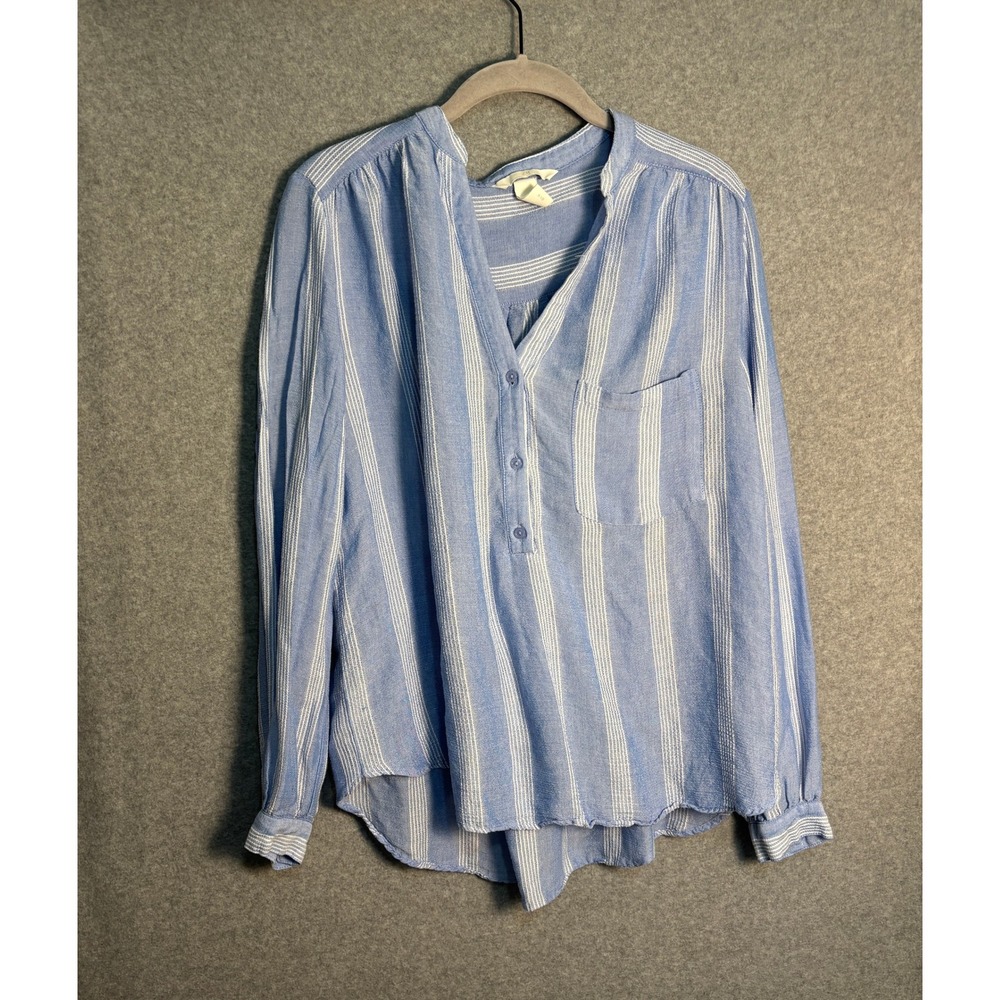 H&M Women's Blue Striped Henley Blouse USβ 10 Lyocell Viscose Pocket Top